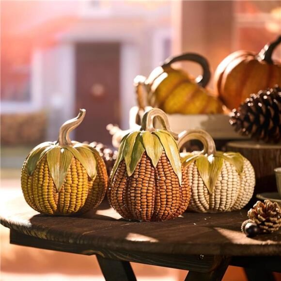 Pumpkins Fall Table Decor, Set of 3 Corn Resin Figurines for Autumn Centerpieces - Picture 2 of 7